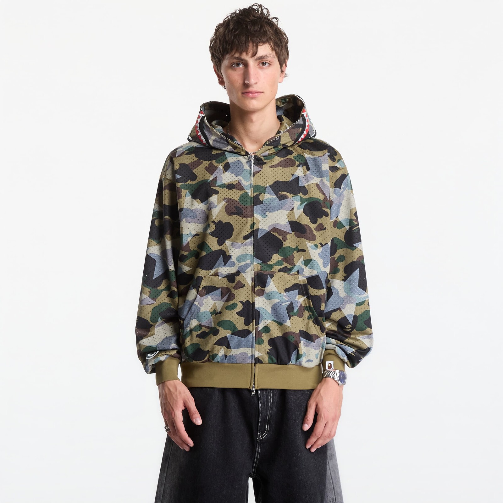 Sweatshirt A Bathing Ape Sta Over Print 1st Camo Mesh Shark Cropped Fit Full Zip Hoodie UNISEX Green L
