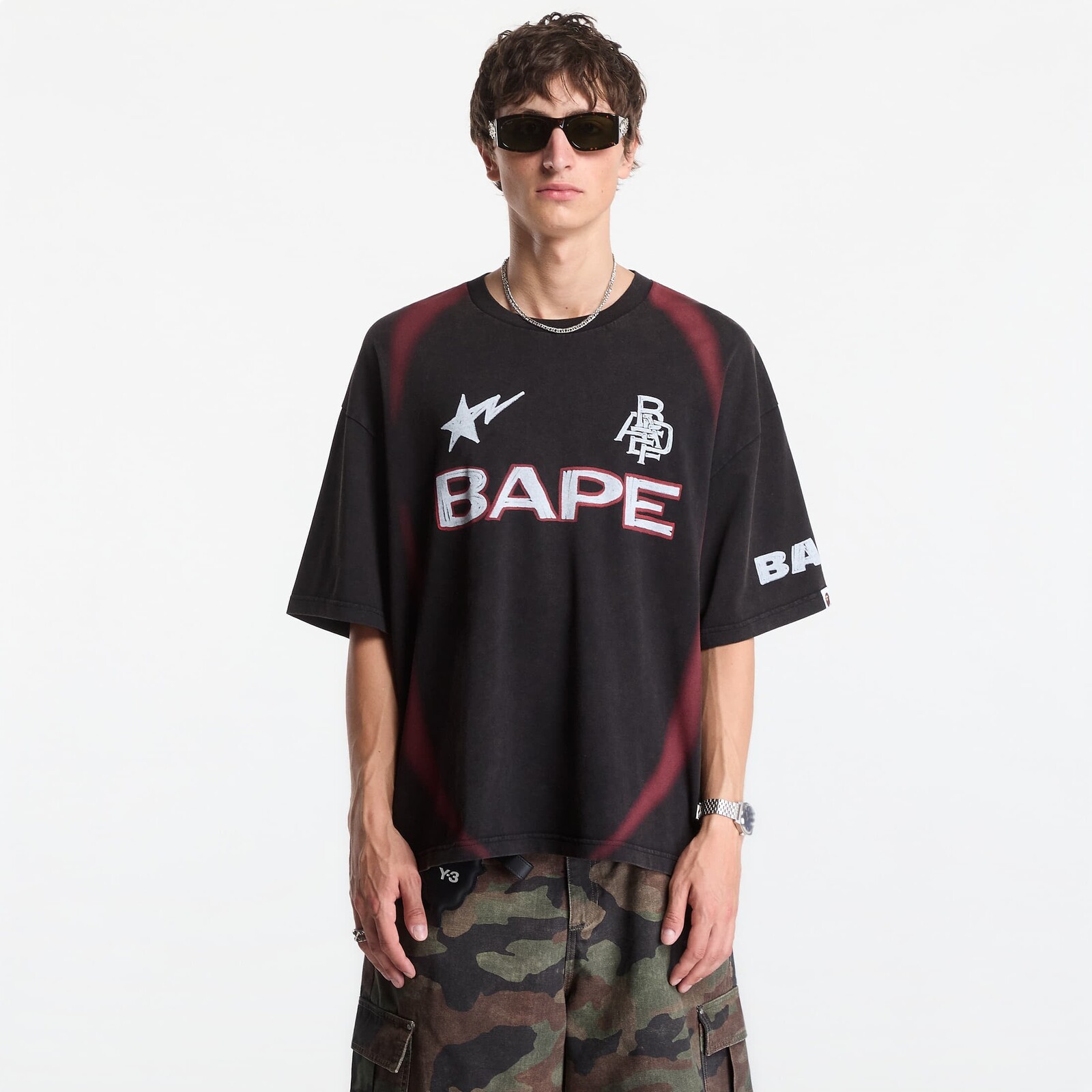 T-shirt A Bathing Ape Heavy Wash Hand Draw Football Multi Logo Relaxed Fit Tee UNISEX Black XXL