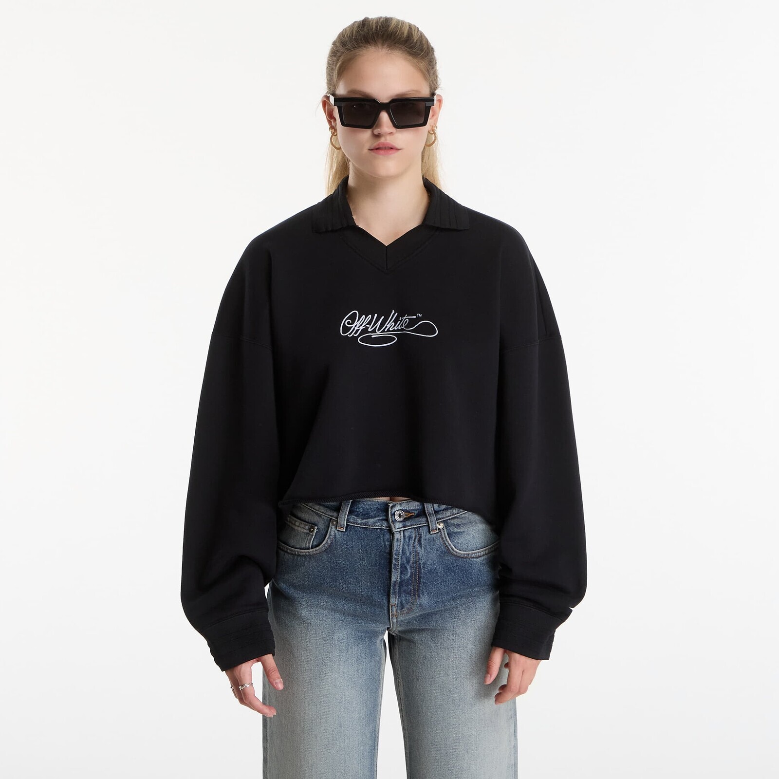 Sweatshirt Off-White Embr Script Crop Polo Crew Black-White M