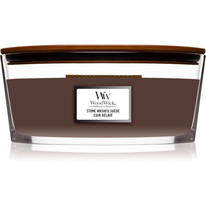 Woodwick Stone Washed Suede scented candle with wooden wick (hearthwick) 453 g