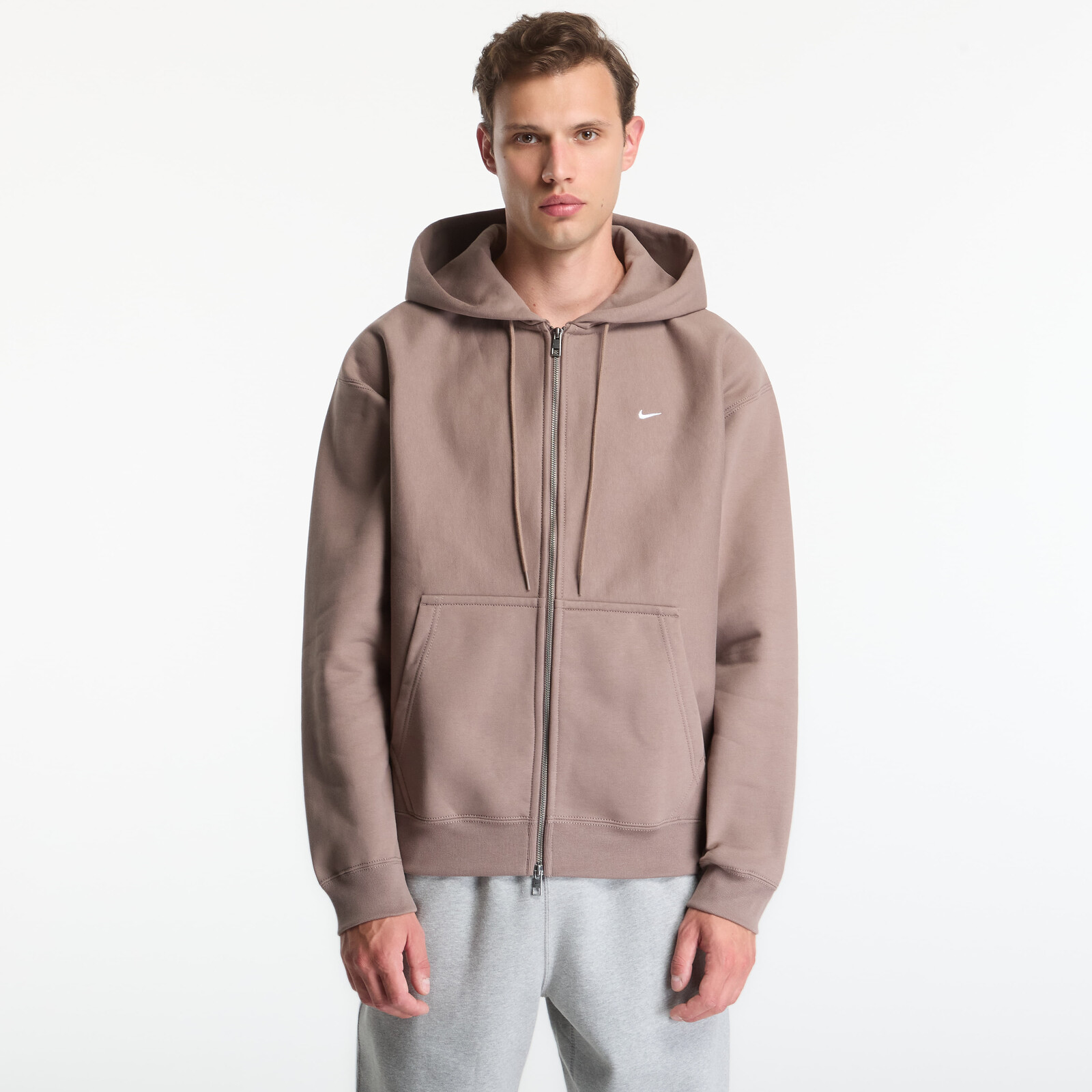 Sweatshirt Nike Solo Swoosh Men's Full-Zip Fleece Hoodie Mink Brown/ Mink Brown/ White XXL