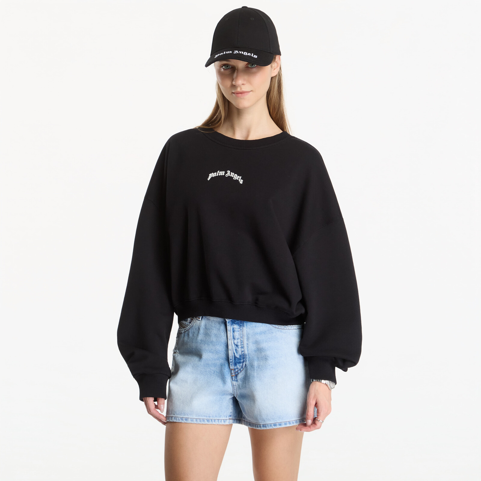 Sweatshirt Palm Angels Curved Logo Loose Crop Crew Black/ Cream S