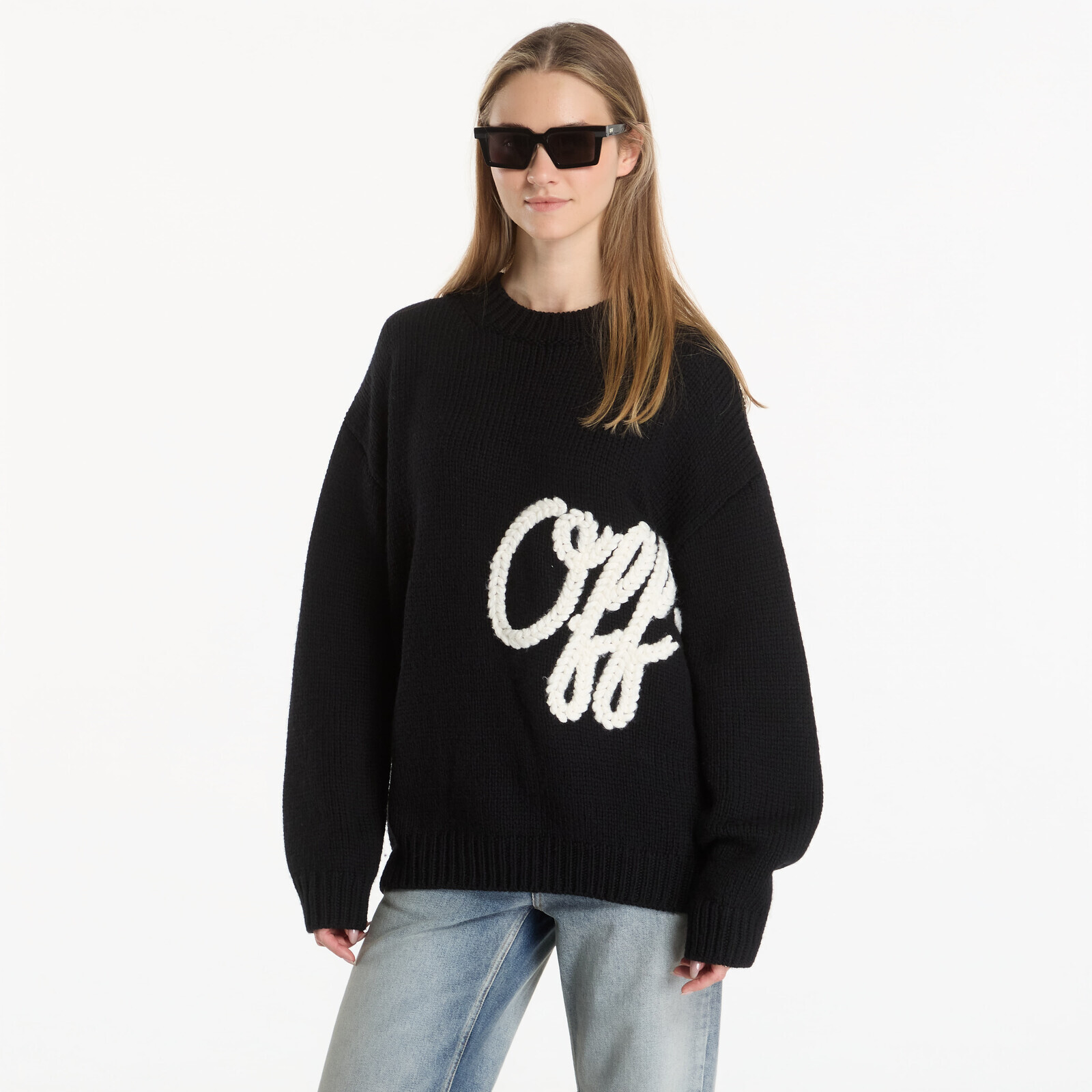 Sweater Off-White Script Shared Logo Emb Knit Crewneck UNISEX Black M