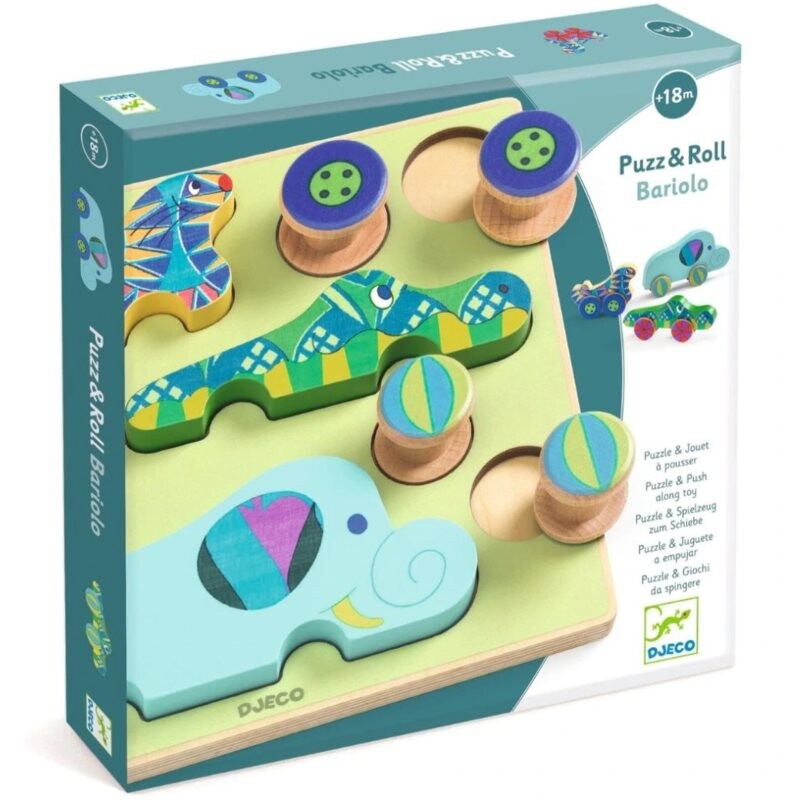 DJECO Puzzle & Push Along Toy Animal Toy Cars activity puzzle toy 18m+ 12 pc