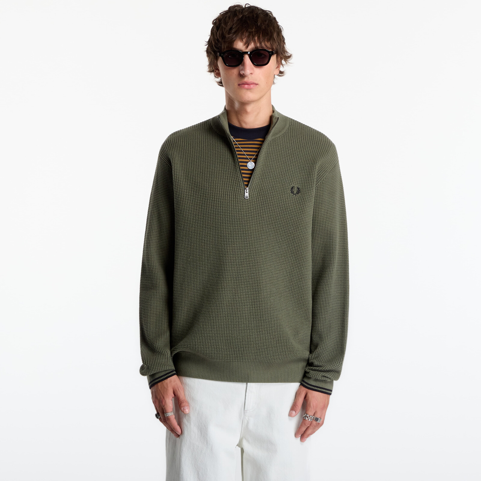 Sweater FRED PERRY Waffle Stitch Half Zip Jumper Lrl Wrth Green M