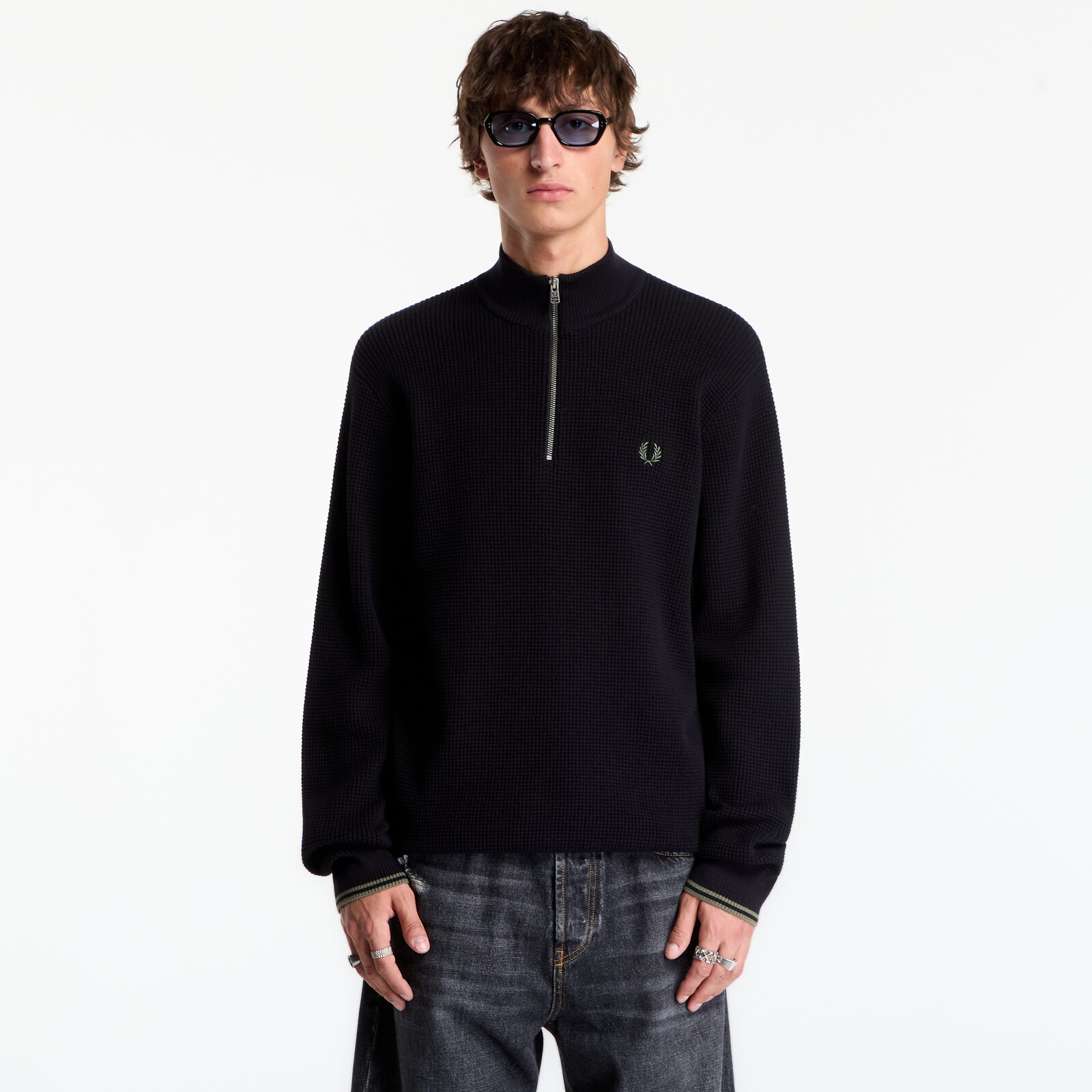 Sweater FRED PERRY Waffle Stitch Half Zip Jumper Black L