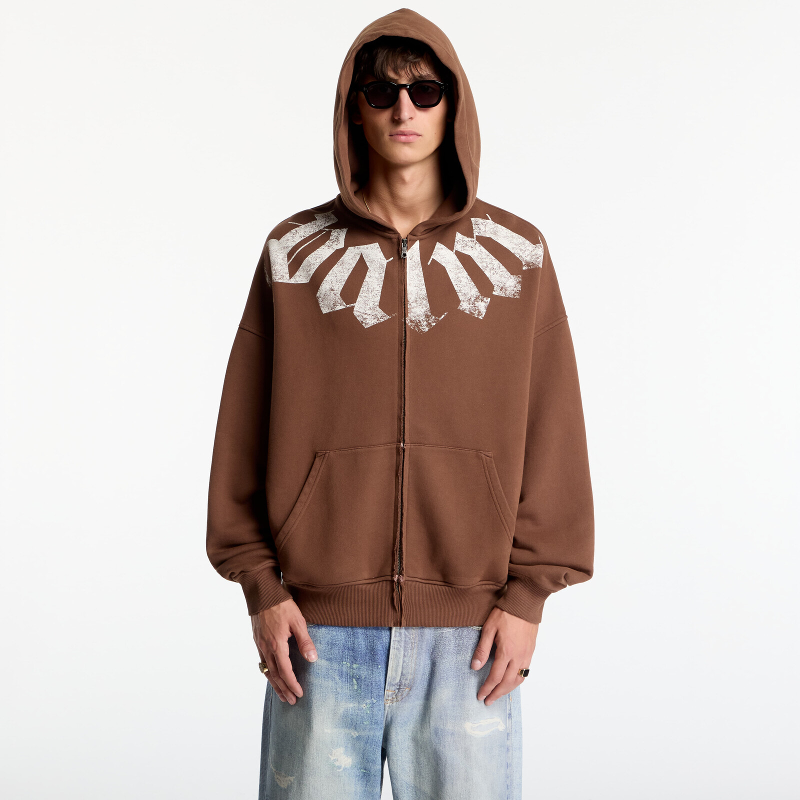 Sweatshirt Palm Angels Big Neck Logo Zip Loose Hoodie Brown/ Off White M