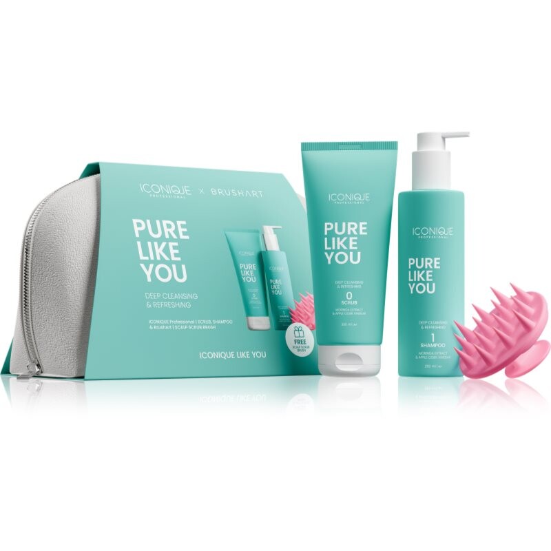 ICONIQUE Professional PURE LIKE YOU Set Shampoo 250 ml Scrub 200 ml BrushArt Massage Brush gift set for hair and scalp
