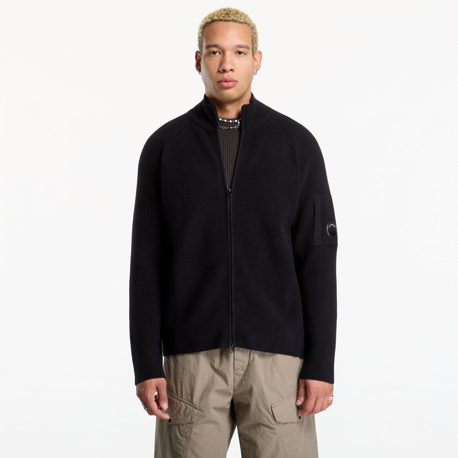 Sweater C.P. Company Waffle Knit Cotton Zip Lens Cardigan Black L