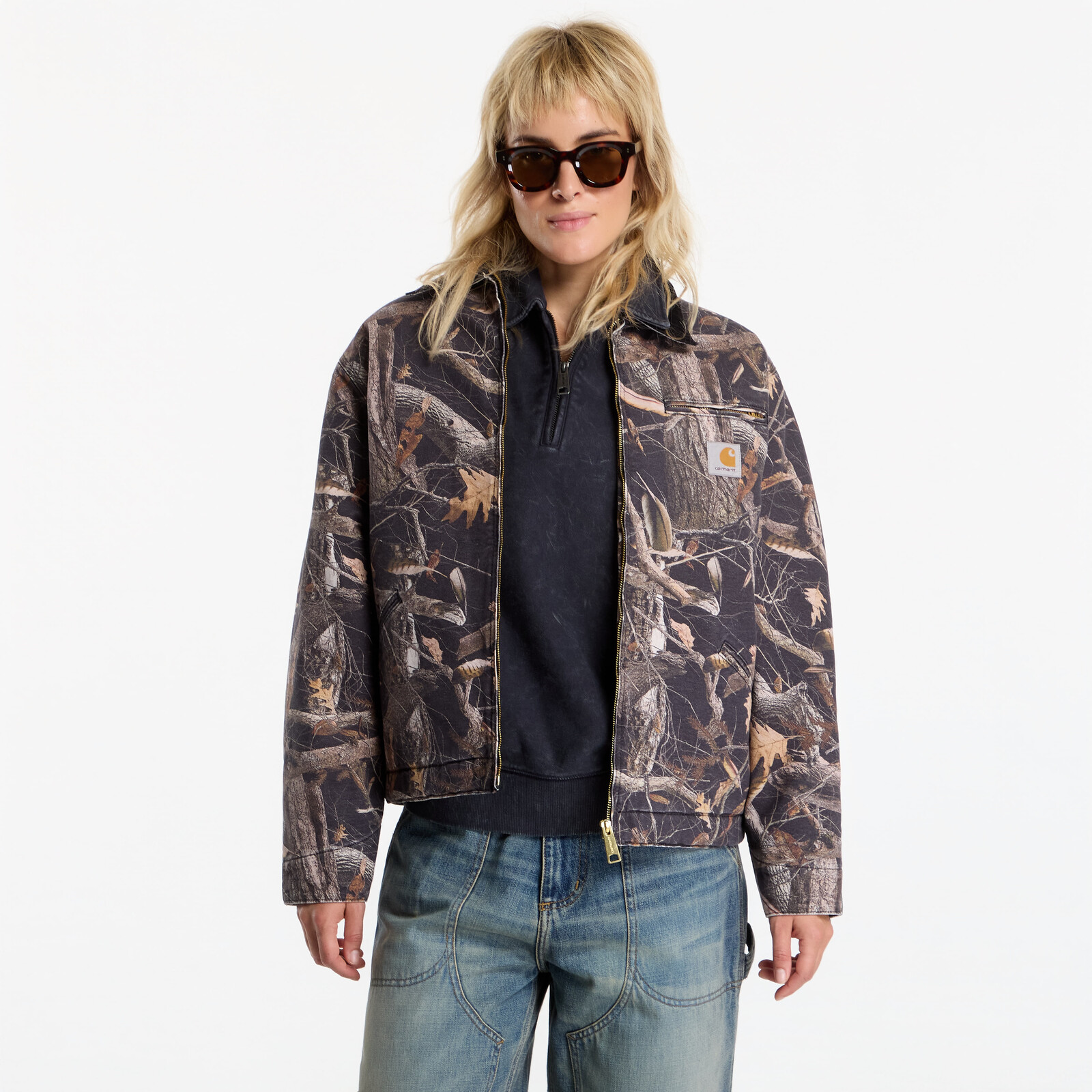 Jacket Carhartt WIP OG Detroit Jacket UNISEX Camo Feather Tree, Black/ Black Heavy Stone Wash XXL