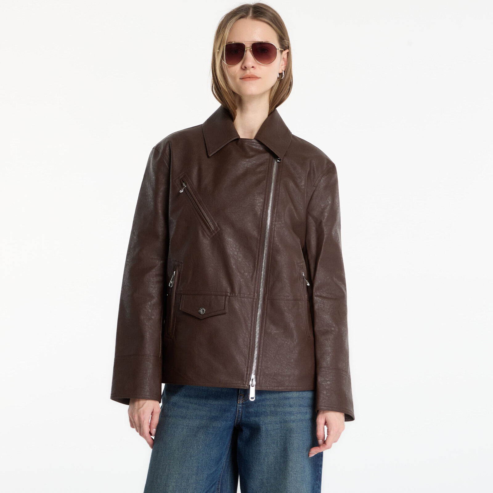 Jacket Calvin Klein Jeans Faux Leather Moto Brown Cork XS