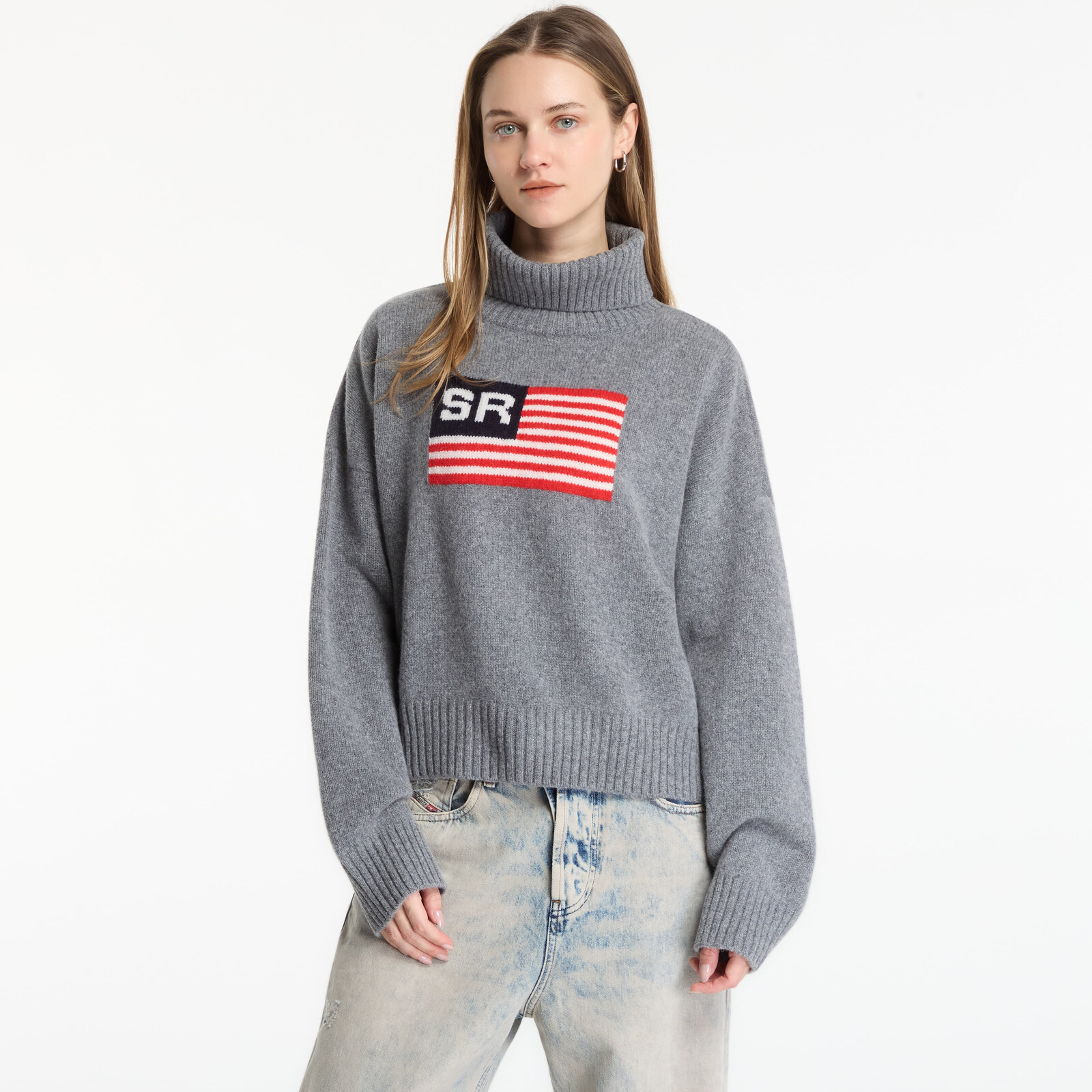 Sweater Sporty & Rich SR Flag Wool Turtleneck Medium Heather Gray XL