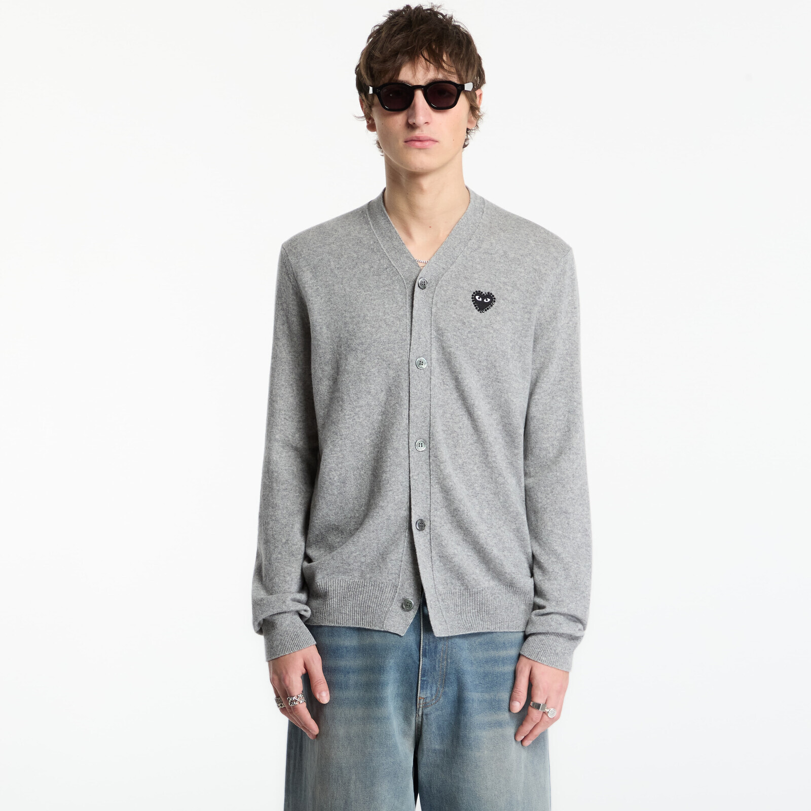 Sweater Comme des Garçons PLAY V-Neck Cardigan Black Rhinestone Knit UNISEX Top Light Gray M