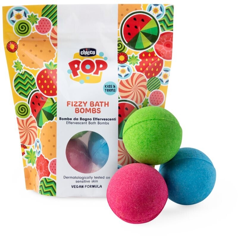 Chicco POP Fizzy Bath Bombs fizzy bath bombs for children Vanilla Wrap, Strawberry Candy, Watermelon Splash 3 pc