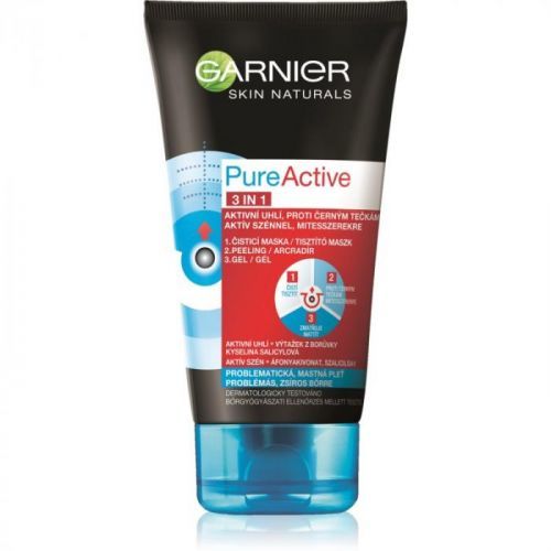 Garnier Pure Active 3-in-1 Black Face Mask with Activated Charcoal for Blackheads and Acne 150 ml
