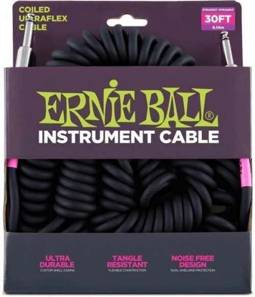Ernie Ball 6044 30' Coiled Straight/Straight Instrument Cable Black