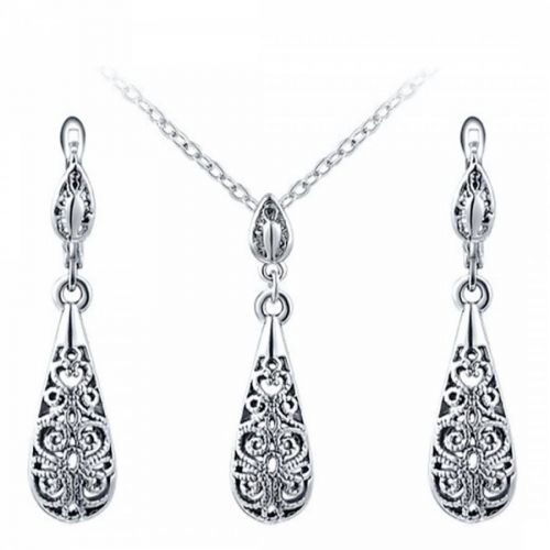 Hollow Tear Drop Necklace And Earrings Set with Swarovski Crystals