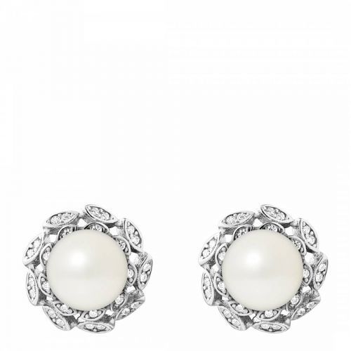 White Flower Button Pearl Earrings 8-9mm