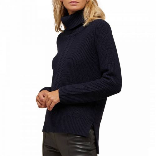 Navy Cashmere Blend Cable Knit Roll Neck Jumper