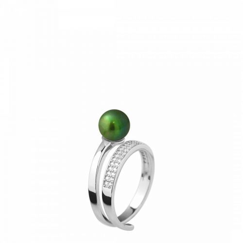 Green Malachite Round Pearl Adjustable Ring 7-8mm