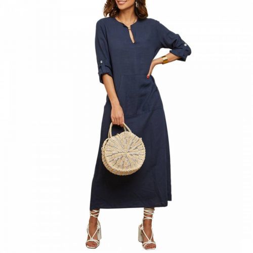 Navy Front Pocket Linen Dress