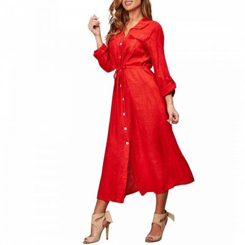 Red Self Tie Linen Dress