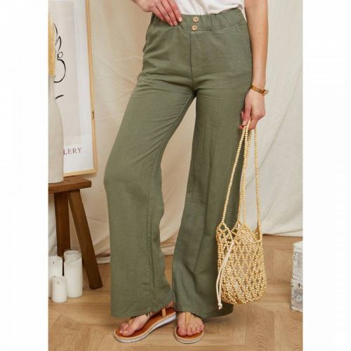 Khaki Wide Leg Linen Trouser