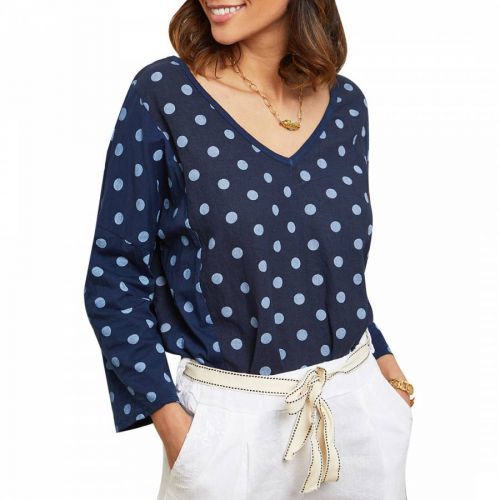 Navy Linen Polka Dot Top