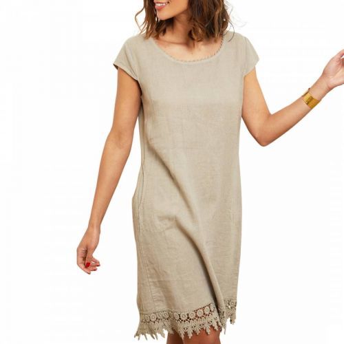 Taupe Embroidered Hem Linen Dress