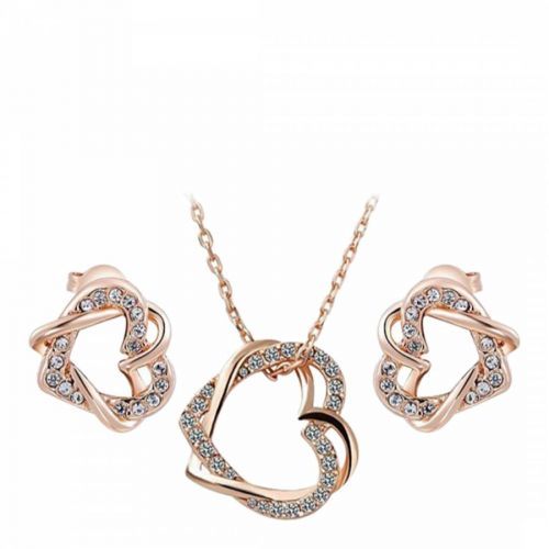 Rose Gold Plated Heart Necklace And Earrings Set with Swarovski Crystals